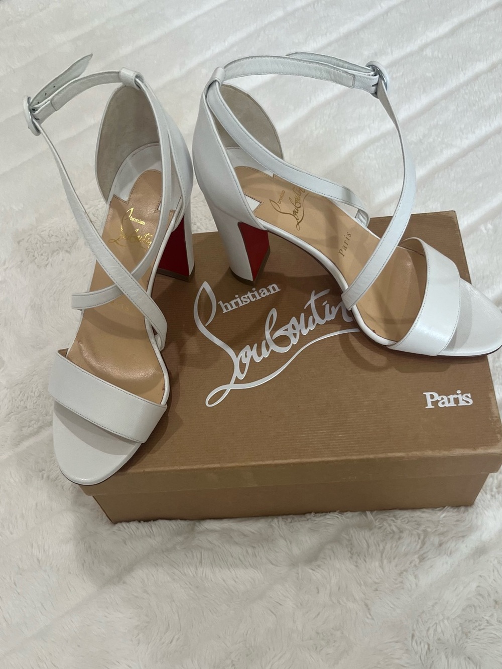 Christian Louboutin White Leather Strappy Block Heels with Red Soles